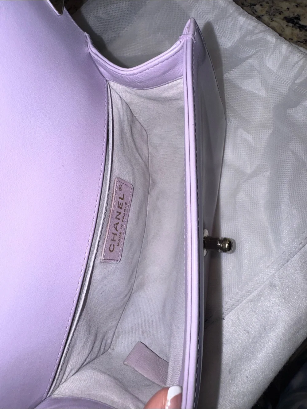 CHANEL Quilted Boy Crossbody Bag in Pale Lilac